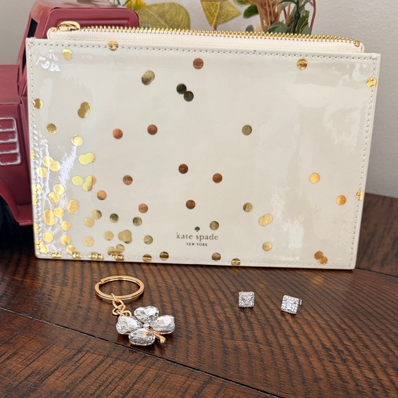 kate spade Accessories - **Bundle** Kate Spade Ivory Pouch with Metallic Gold Dots, earrings & bag charm!